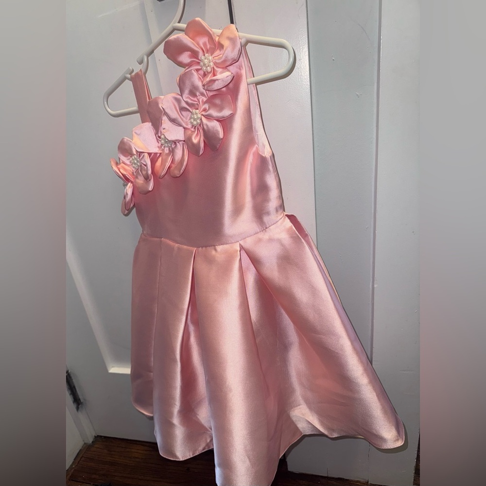 Amazon Pink Satin Kids Dress with Floral Details